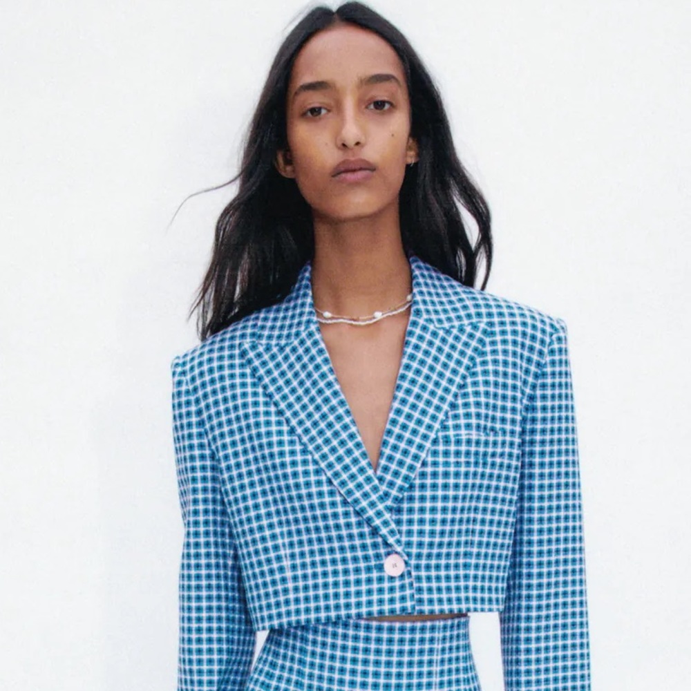 Large Zara Blue Plaid Cropped Blazer Jacket